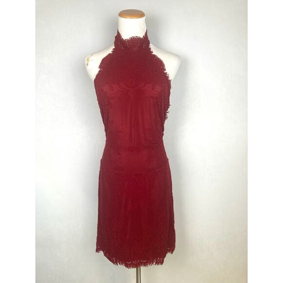 Free People Harper Halter Neck Backless Lace Mini Dress Red Size M Bodycon - Picture 1 of 10